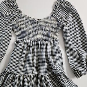 Pink Lily Women's Navy and White Gingham Smocked Long Sleeve Dress Size XS